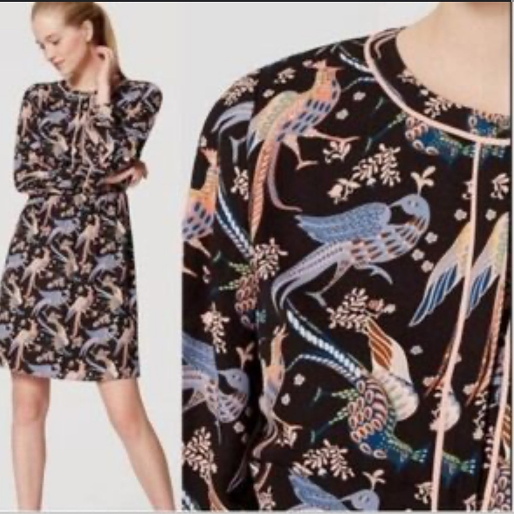 NWT Loft women’s long sleeved navy blue and pink Elegant Bird Print Dress size 2
